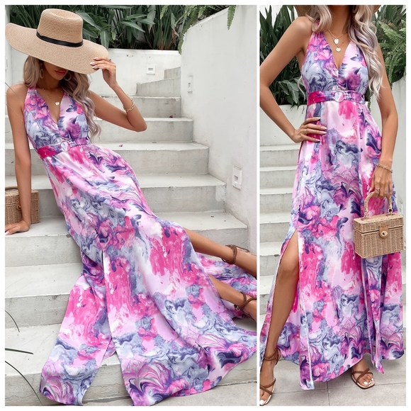 Pink Printed Open Back Slit Dress - Picture 6 of 8